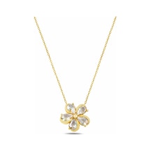 Çekirdekjewelry 925 Ayar Gümüş Sarı Altın Kaplama Çiçek Kolye Damla Taşlı Zarif Kadın Kolyesi Sarı