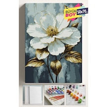 Sayılarla Boyama Hobi Seti Numaralı Tuval Fırça Boya Dahil Kasnaklı 50x70 Cm Beyaz Çiçek