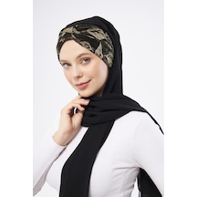 Hürrem Bone Siyah Simli Arkadan Bağlamalı Şal Şifon Çiçek Desenli 2318 01