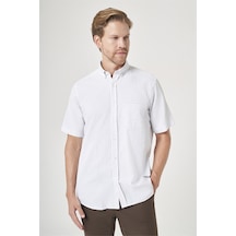 İmza Beyaz-lacivert Düğmeli Yaka Kısa Kol Cepli Comfort Fit Pamuklu Gömlek 1004260188 Beyaz - Lacivert