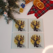 Decorita Cam Bardak Altlığı Mutlu Yıllar Geyik 4'lü Takım 10 x 10 CM Çok Renkli