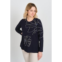 Detay Triko Kadın Boncuk İşlemeli Desenli Uzun Kol Anne Bluz 5737 Lacivert Lacivert