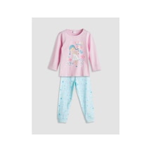 LC Waikiki Lcw Kids Bisiklet Yaka Baskılı Kız Çocuk Pijama Takımı Aqua Blue Prınte