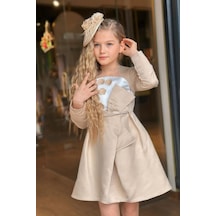 Riccotarz Kız Çocuk Kare Yaka Göğsü Pano Çiçek Asimetrik Kesim Krem Elbise Krem