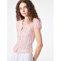 Koton Slim Fit Fırfır Detaylı V Yaka Kısa Kollu Çizgili Bluz Pembe Çizgili 6sal60191ıw