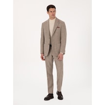 Cacharel Bej Slim Fit Yün Kaşmir Karışımlı Mikro Desenli Pantolon