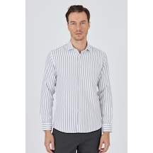 İmza Siyah Yarım İtalyan Yaka Çizgili Desen Casual Slim Fit Gömlek 1004250216 Siyah