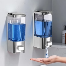 Xuweiwei 2 Adet Tatukıko Gümüş Duvara Monte Çift Başlı Sabunluk 500ml Manuel Basmalı Ftalatsız Plastik Şeffaf Gövde Mavi Sıvı Seviye Göstergeli Banyo Otel Ev Kullanımı Gümüş