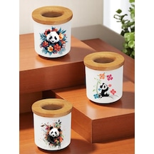 Panda Ve Çiçek Baskılı 3'lü Ahşaplı Seramik Masaüstü Kalemlik Kalem Kutusu Ofis Hediyesi Beyaz