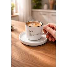 Latte Yazılı Kahve Fincanı Ve Tabağı Siyah Çerçeve Detaylı Modern Tasarım Kahve Kupası Bardağı Beyaz