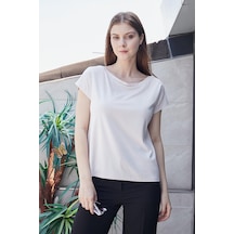 Jument Kadın Kayık Yaka Düşük Omuzlu Kırışmaz Span Karışımlı Şık T-shirt Bluz-şampanya Şampanya