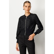 On Kadın Kabartmalı Bomber Mont 60709 Siyah Siyah