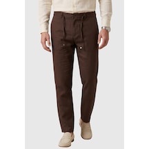Rizzup Kahve Slim Fit Likralı Keten Dokulu Lastikli Belli İpli Yazlık Erkek Pantolon 2603001