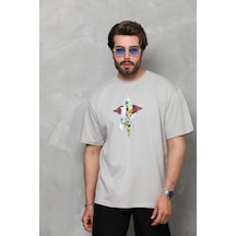 Barlashive Erkek Baskılı T-shirt Kısa Kol Bisiklet Yaka Regular Fit Rahat Kalıp Tişört - Gri Çok Renkli