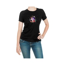 Space Unicorn 3 Baskılı Siyah Kadın Tshirt