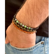 %100 Deri&hematit 3lü Erkek Bileklik Set 21 Cm Türk El Üretimi