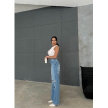Zeo Basic Denim Wide-leg Pantolon Ön-arka Lazerli Orta Mavi Orta Mavi