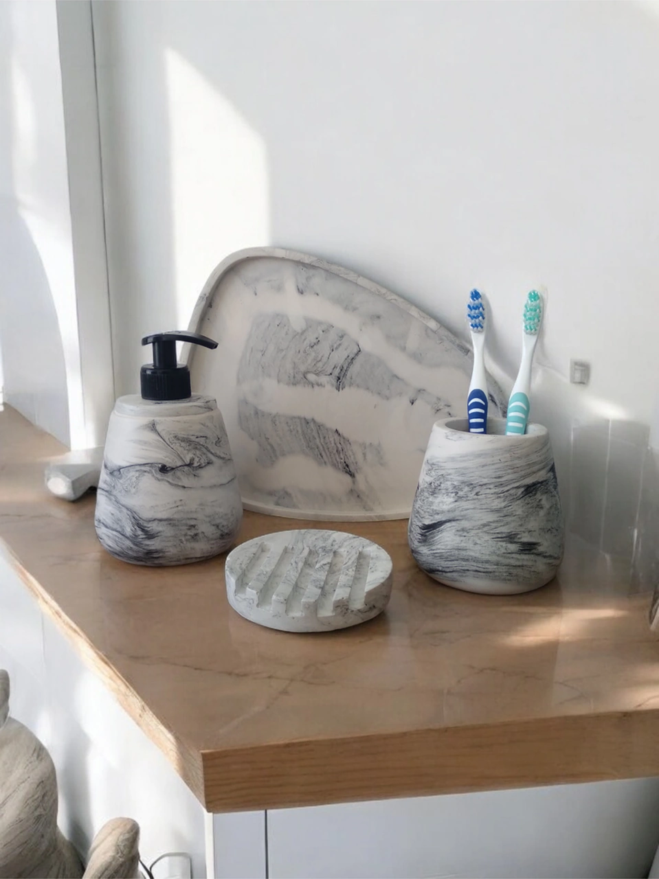 4'lü Mermer Desen Banyo Seti Tuvalet Gri