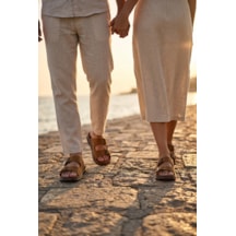 Fame Step Hakiki Deri Unisex Ortopedik Yumuşak Taban Comfort Yazlık Günlük Terlik Çift Terliği Tokalı Taba