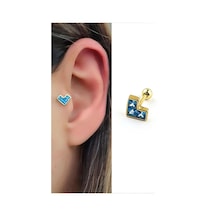 Aquamarin Taşlı Kalp Figürlü 925ayar Gümüş Üzerine Altın Kaplama Luxury Tasarım Tragus Kıkırdak Piercing Altın
