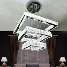 Kare 3 Kat Kristal Taşlı Modern Led Avize Salon & Oturma Odası 3 Renk Ayarlanabilir Kablo Kumandalı-krom