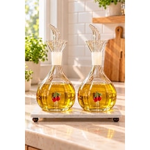 Kirazlı 2 Adet 900 Ml Borosilikat Tombul Cam Yağdanlık Ve Mermer Stantlı Yağlık Sirkelik Seti Şeffaf