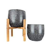 Bitki Tasarımı Ev Dekorasyon Aksesuar Siyah Granit Toprak Saksı Saksılık Salon Çiçeklik İkili Set Ayaksız - 4 Ayaklı- 19 Cm