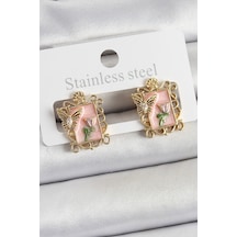 Pirinç Pembe Mineli Sanatsal Portre Model Gold Renk Kadın Küpe çok renkli