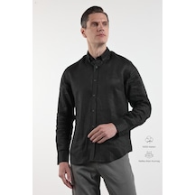 İmza Siyah Keten Düğmeli Yaka Uzun Kol Cepsiz Slim Fit Keten Gömlek 1004260161 XL