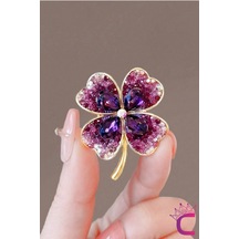 Zarif Çiçekli Kristal Taşlı Mor Yonca Tasarım Kadın Broş - Hediyelik Elbise Ceket Yaka İğnesi Broşu Diğer