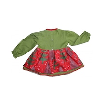 Yılbaşı Kış Temalı Fırfır Ve Su Taşı Detaylı Poplin Kız Çocuk Bebek Kırmızı Yeşil Elbise 001