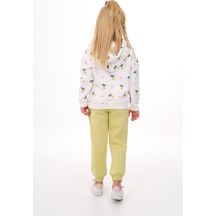 Toontoy Kids Toontoy Kız Çocuk 2'li Takım Baskılı Kapüşonlu Sweatshirt & Beli Paçası Lastikli Jogger Eşofman Altı - Renk Bloklu & 3 İplik Şardonlu Açık Yeşil