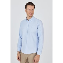 İmza Uzun Kol Desenli Armürlü Düğmeli Yaka Cepsiz Pamuklu Classic Slim Fit Gömlek 1004250204 Koyu Mavi