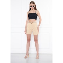 Hgfashion Taş Rengi Keten Kemerli Şort Taş
