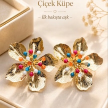Riody Rainbow Bloom Gold Renkli Taşlı Büyük Çiçek Küpe Sarı - Gümüş - Gold