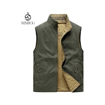 Çift Taraflı Çok Cepli, Bol Dik Yakalı Yelek Yeşil