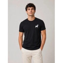 Freedom Storee Erkek Minimal Geyik Logolu Tişört Bisiklet Yaka Kısa Kol Yazlık T-shirt - Siyah Çok Renkli