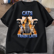 Flood Of Style Kedi Tren Lats Graphci T Shirt Komik Spor Adam Giysileri Tshirt Boy Rahat Pamuk Kısa Kollu Ti Siyah