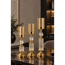 Kristal Ve Cam Detaylı Metal Şamdan Sarı