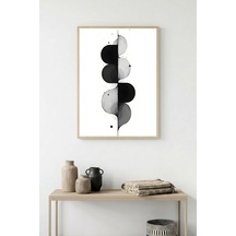Doğal Ahşap Çerçeveli Soyut Geometrik Desenli Tablo - Siyah-beyaz Huhu1212