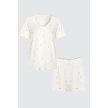 Kadın Kısa Kollu Viskon Kalp Desenli Şortlu Pijama Takımı Ko70101 Ko70101 Kalp Desen