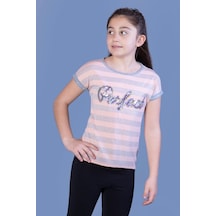 Toontoy Kids Toontoy Kız Çocuk Baskılı Bisiklet Yaka Kısa Kollu Çizgili Tişört Pudra