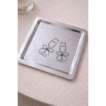 Beige &kadeh Desenli Kare Paslanmaz Çelik Çelik Çay Söz Nişan Sunum Ve Dekoratif Tepsi 15cm
