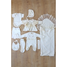 Sitilin Kız Bebek Dantelli 10'lu Hastane Çıkışı Seti %100 Pamuk Natural Kundak Battaniyeli Lüks Set Stl7256 Ekru