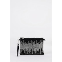 Vivaq Kadın Dalgalı Gümüş Taşlı Süet Bilek Askılı Ve Zincir Askılı Portföy El Ve Clutch Çanta SİYAH