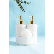 Porsima 3117 Gold Kapaklı Porselen Süngerli 2li Sıvı Sabunluk Beyaz 350+350 Ml Açık Gri - Beyaz