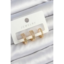Pirinç Zirkon Taşlı Halka Model Gold Renk 3'lü Çift Kadın Küpe Set Diğer