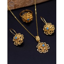 Firuze Taşlı Gül Model Kadın Gold Kaplama 925 Ayar Gümüş Telkari Üçlü Set 201025203 Gümüş