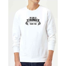 My Girl Is Stronger Baskılı Beyaz Erkek Örme Sweatshirt