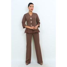 Dorne Moda Dantel Detaylı Düğmeli Pantolon Takım - Düğün - Mezuniyet - Ofis Şıklığı kahverengi